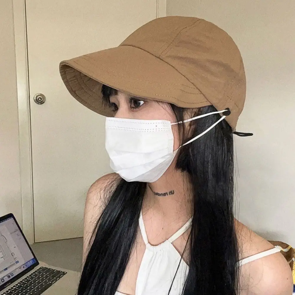 Summer Wide Brim Sun Hat Foldable Drawstring Bucket Hat Ponytail Adjustable Quick-drying Visors Men Women