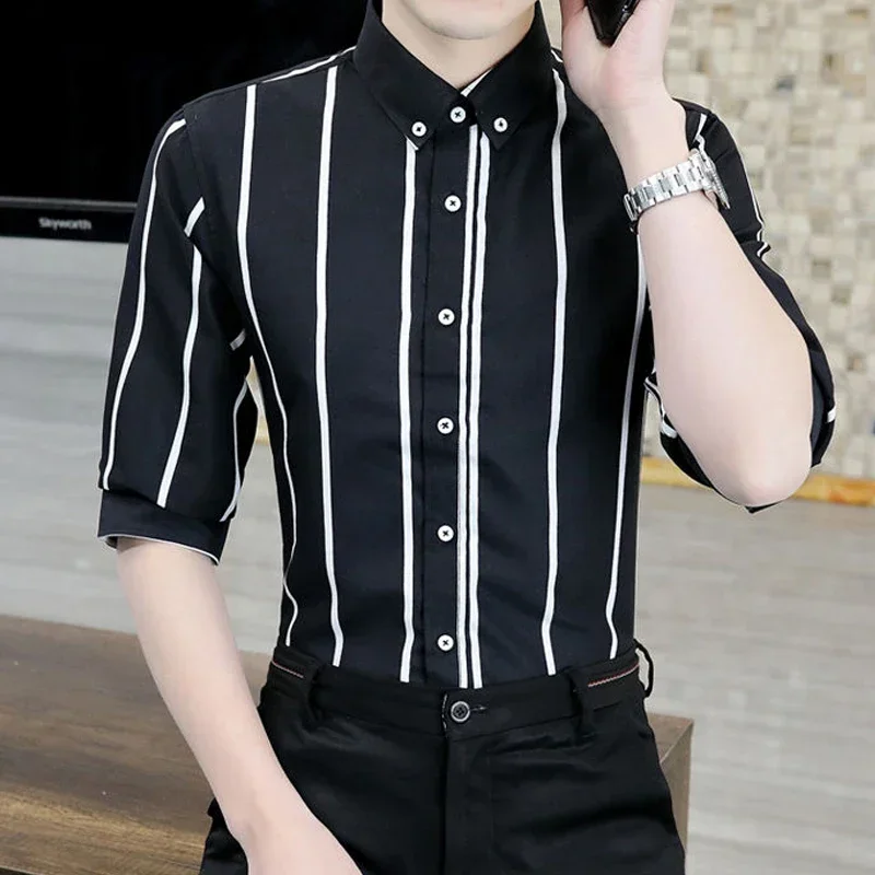 

Men's Clothing Fashion Spring Summer Thin Man Turn-down Collar Temperament Handsome Button Striped Business Casual Formal Shirts