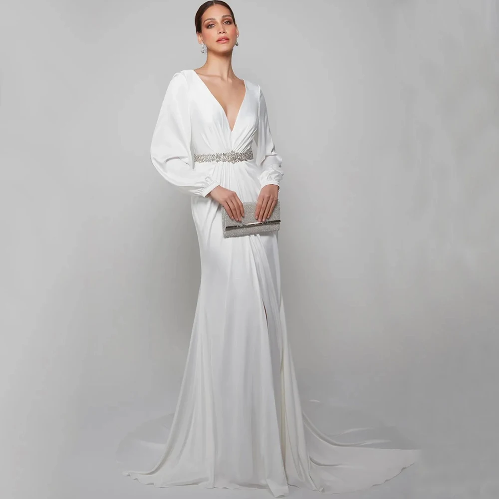 Fashion Chiffon Wedding Dress Deep V-Neck Mermaid Floor Length Front Slit Bridal Lantern Long Sleeve with Belt Backless Gowns