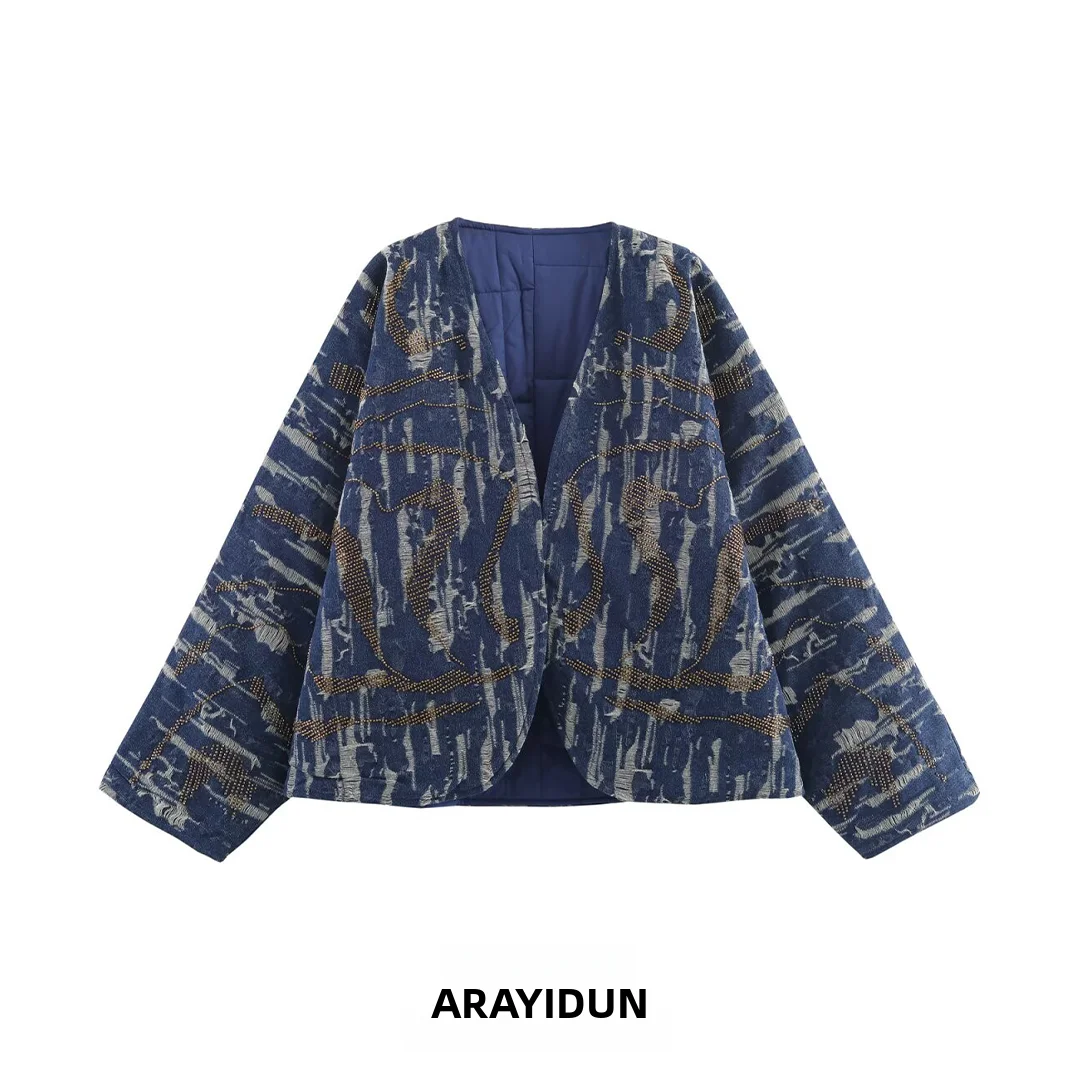 

Женское джинсовое пальто с бисером, свободное длинное пальто Sve V-Ne, полиэфирное волокно, полиуретановая кожа, осеннее новое поступление