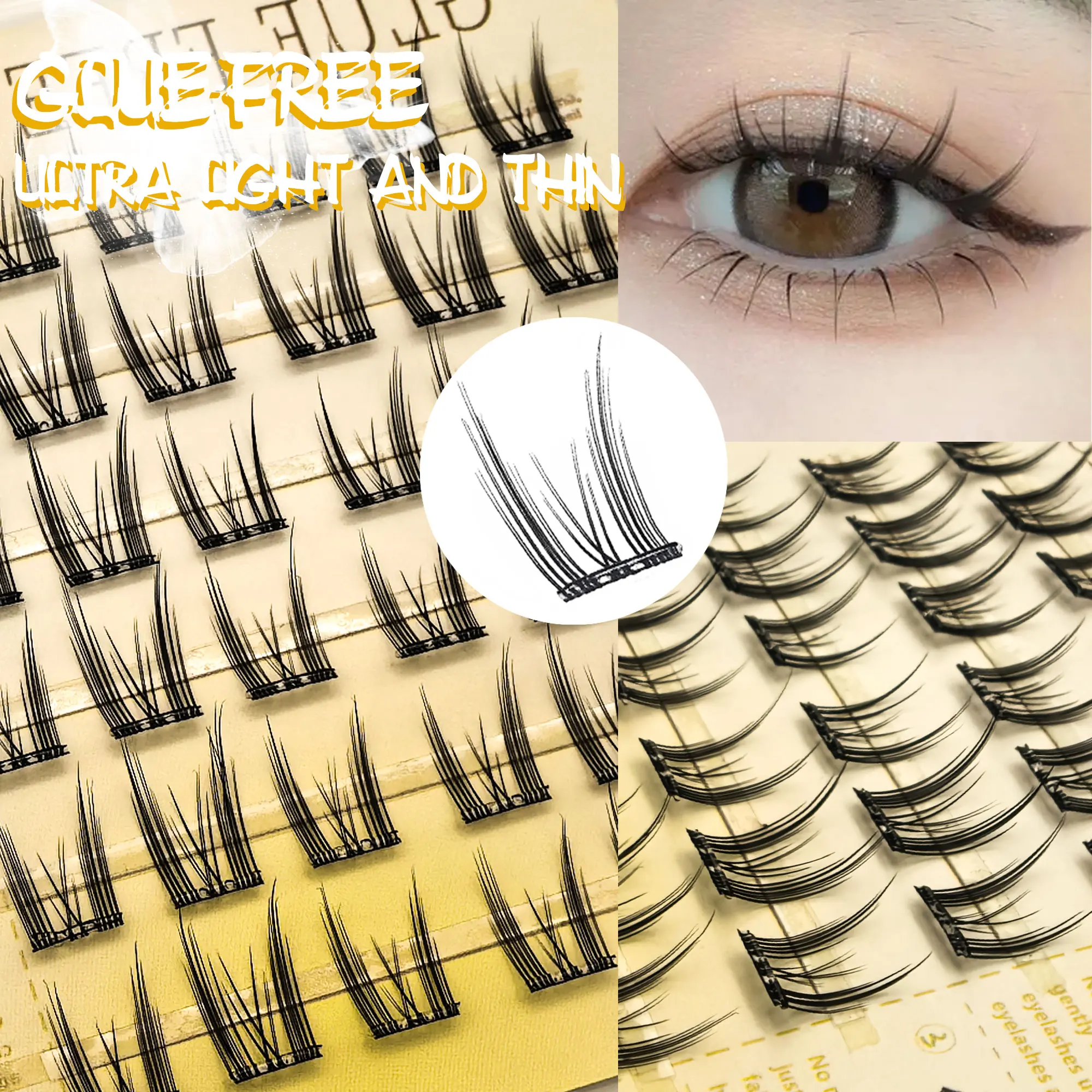 6 linhas de extensões de cílios sem cola - reutilizáveis, adequadas para iniciantes, aparência natural e charmosa, estilo boneca/olho de gato