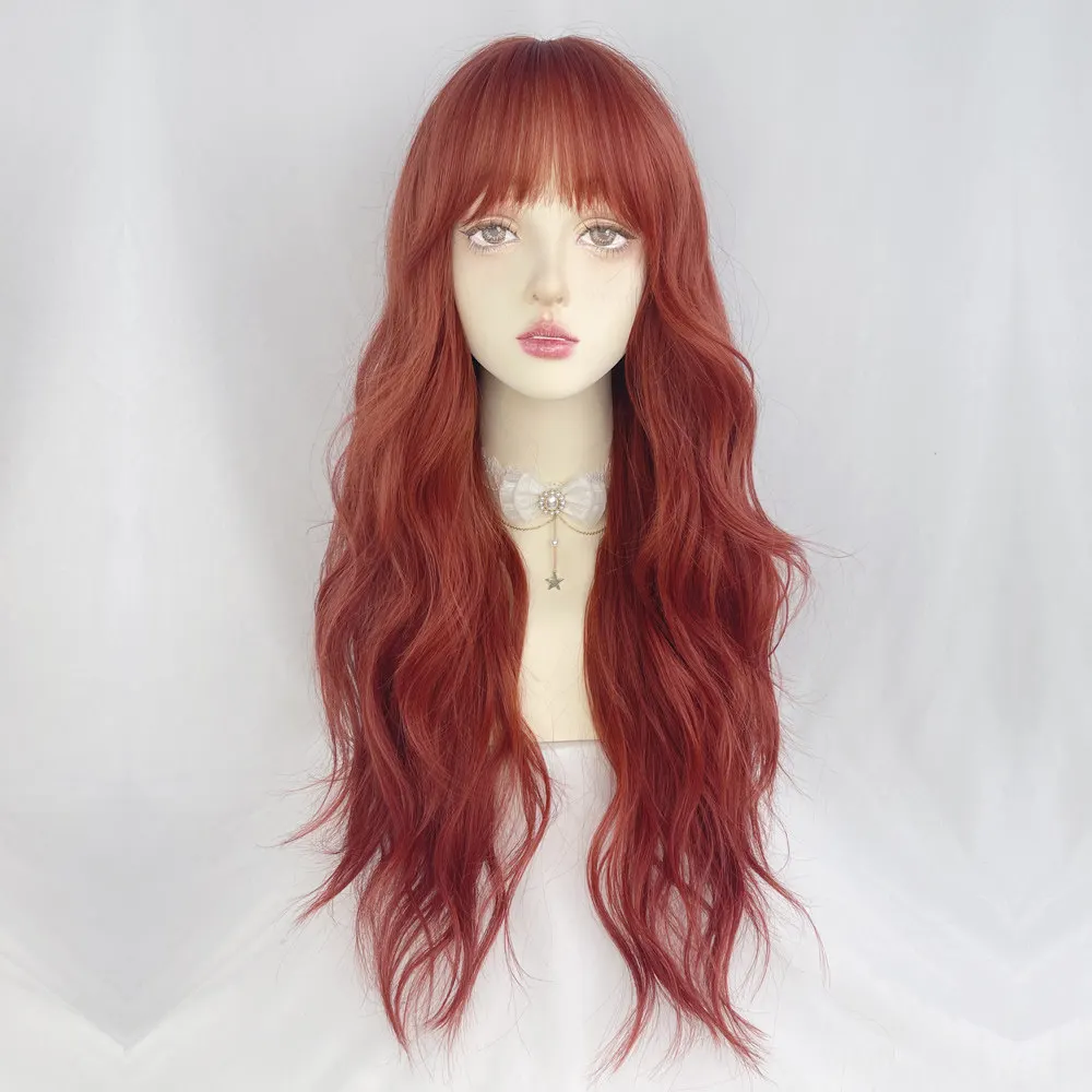 

Red wig female long hair full hood long curly hair big wave French lazy European and American color tide color