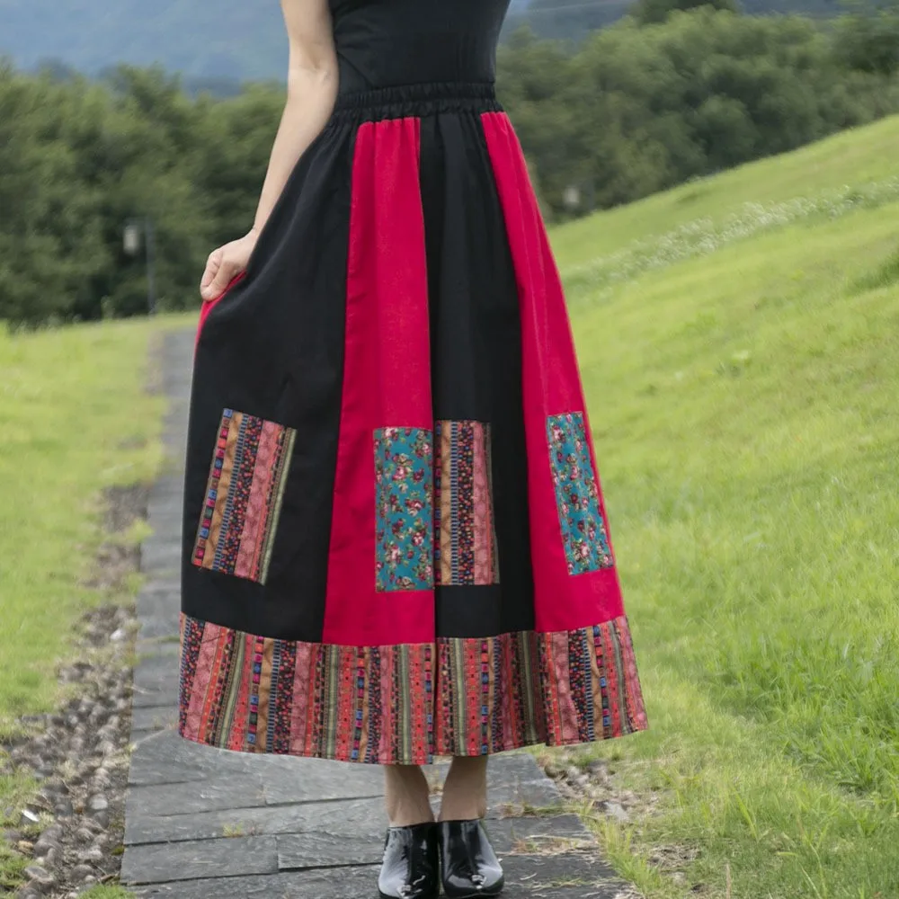 

Ladies' Ethnic Style Color Blocking Pleated Elegant Midi Elastic Waist Skirt Fashion Flower Holiday Versatile Half Dress