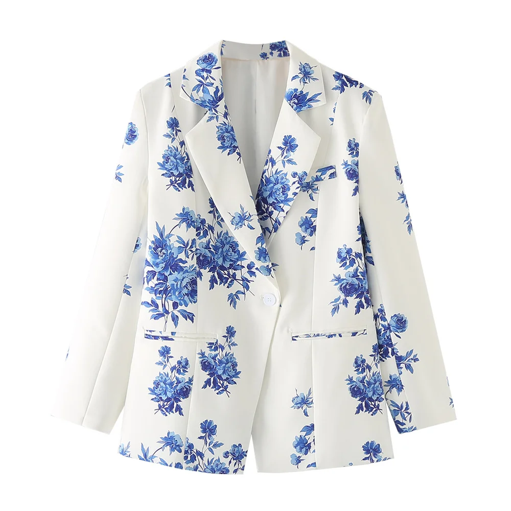 2024 Summer New Product Women\'s Fashion Versatile One Button Long sleeved Blue and White Porcelain Printed Slim Fit Suit Coat