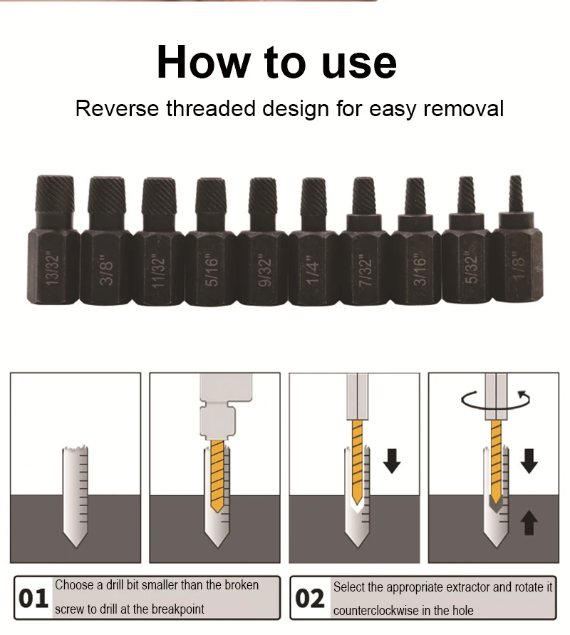 Set di estrattori per viti e bulloni da 10 pezzi. Estrattore per viti. Strumenti per rimuovere bulloni rotti