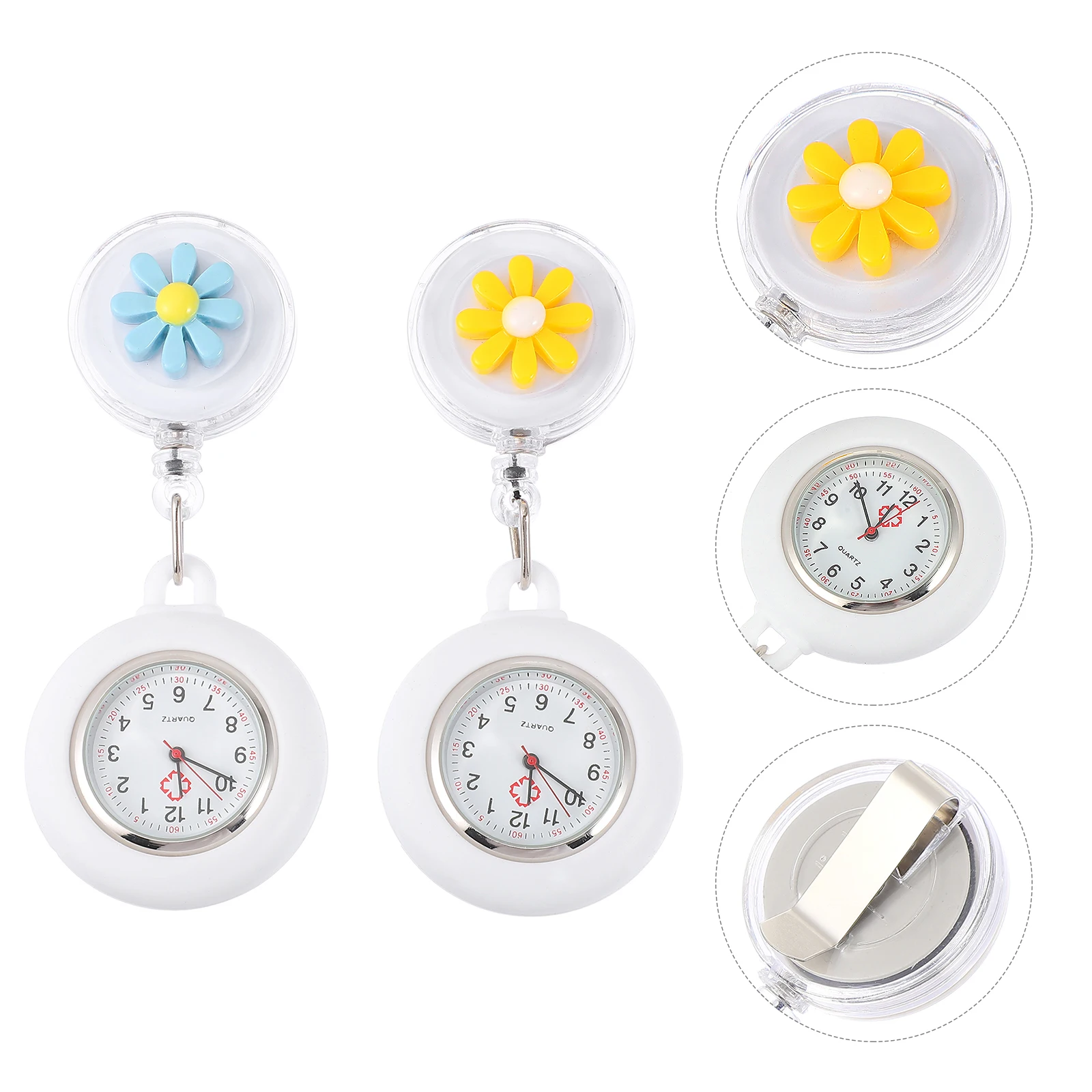 

2Pcs Little Daisy Silicone Pocket Watch Nurse Fob Watches Anti Fall Glass Case Student Teacher Gift Decorative