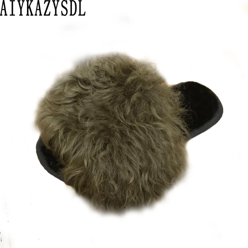 AIYKAZYSDL Women Real Genuine Sheep Fur Slippers Flat Heel Natural Fluffy Furry Curl Sandals Slides Autumn Winter Warm Mules