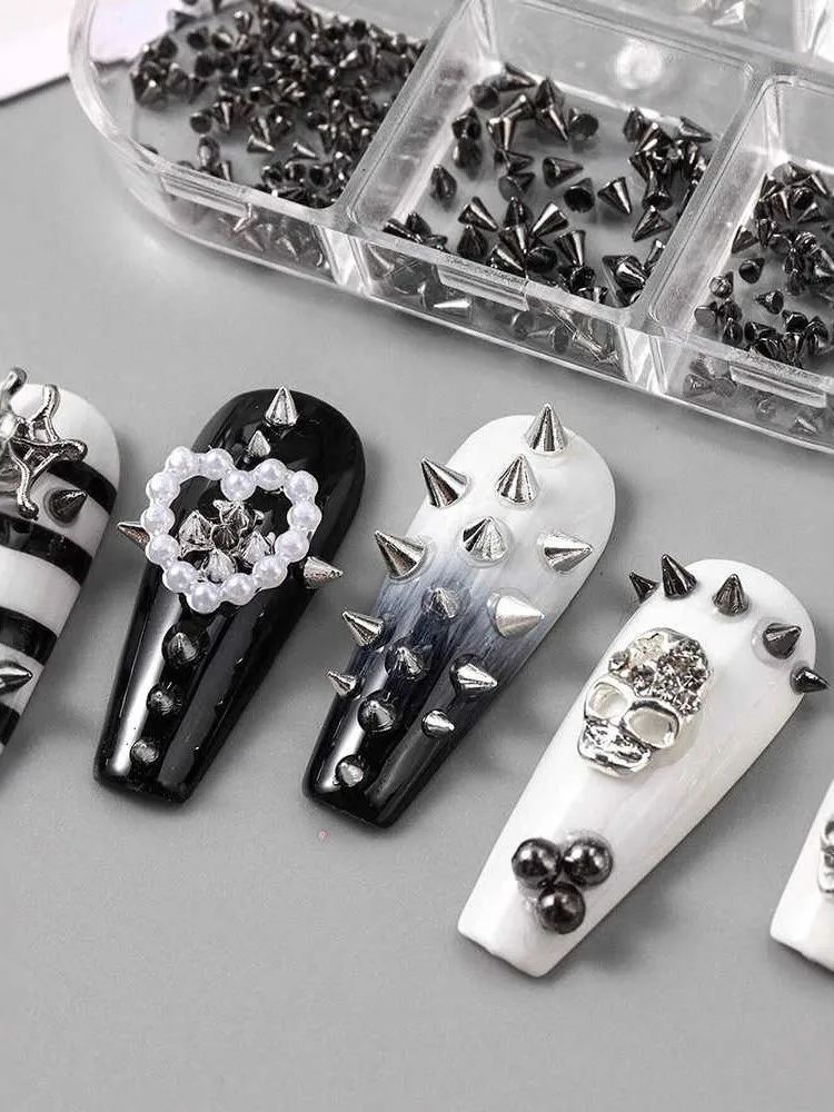 Mini clous à ongles en métal Punk 3D, 6 grilles, 1/2/3mm, taille mixte, argent noir, breloques pour Nail Art, Rivets en alliage, cône de bâton, décoration artisanale DIY
