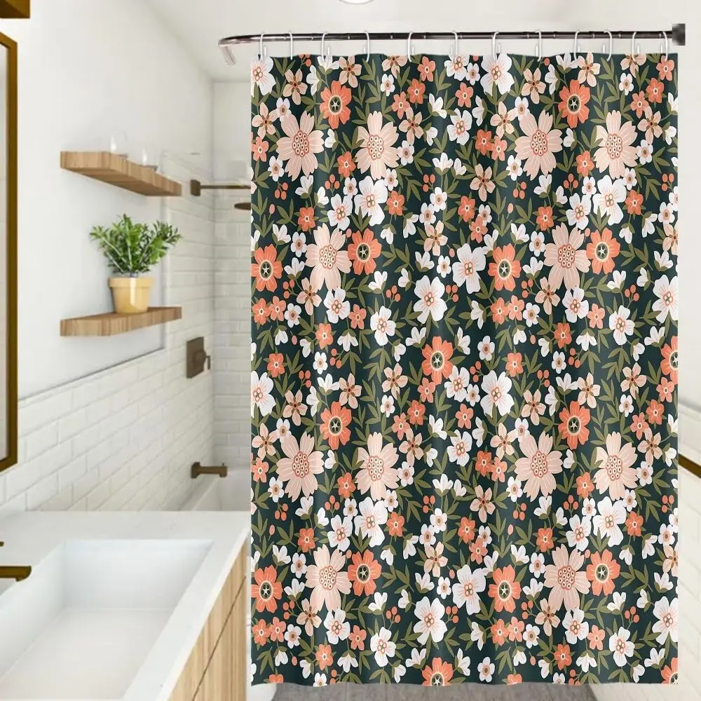 

Floral Shower Curtain Boho Pink Flower Green Leaves Lush Plants Nature Botanical Bath Curtain Waterproof Fabric Modern
