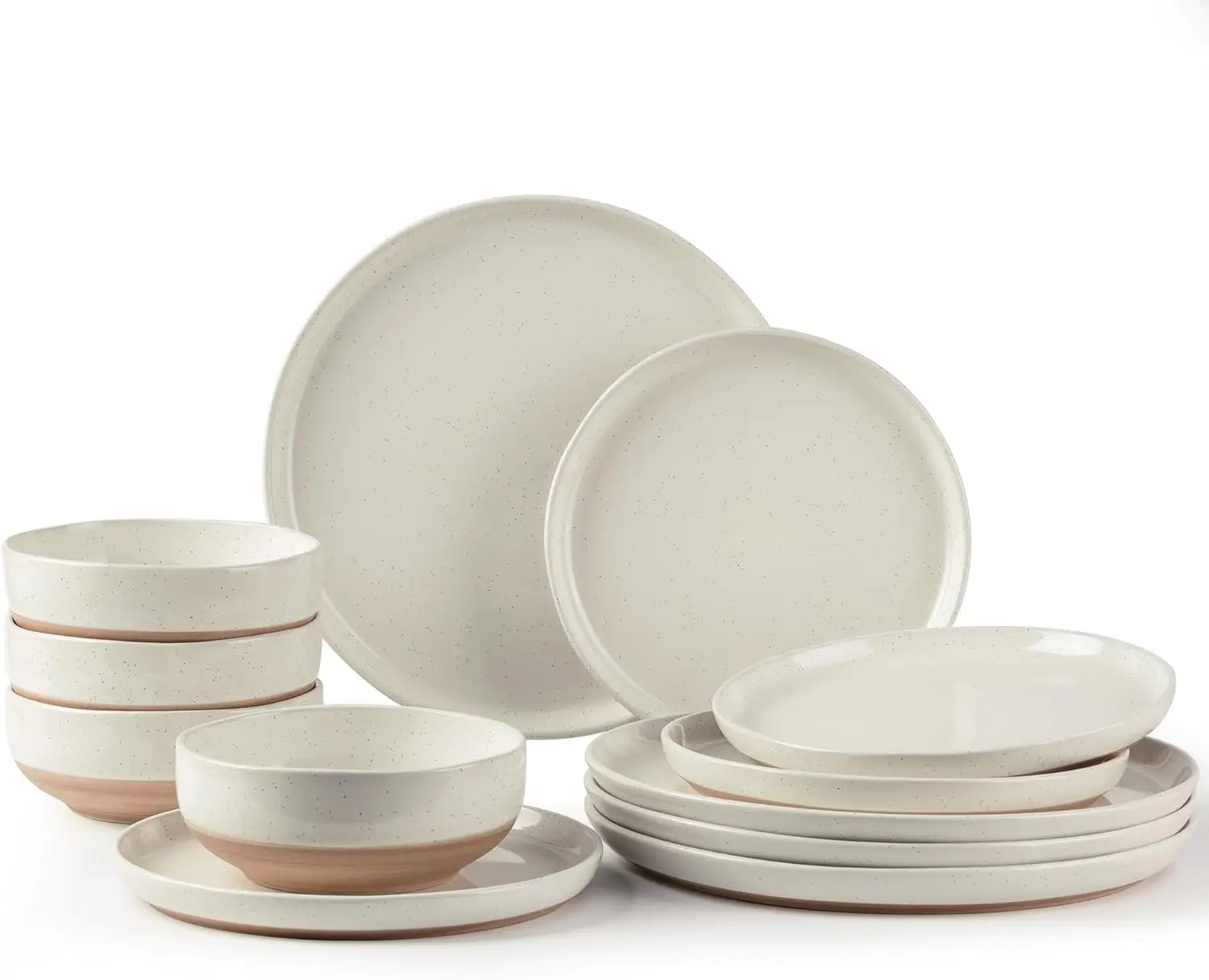 

12 Pieces Handpainted Plates and Bowls Set Scratch Resistant Stoneware Dishes Set, Dishwasher & Microwave Safe, Light Beige