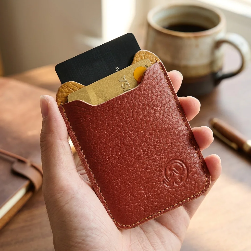 Minimalistyczny, skórzany wizytownik/portfel na karty, cienki mini portfel dla kobiet i mężczyzn, kompaktowe etui na karty kredytowe do przedniej kieszeni. — zdjęcie 3