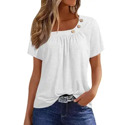 Women's Summer T-Shirts 2024 Fashion Button Casual Everyday Versatile Short Sleeve Tops Solid Loose T-Shirt Basic Tops Plus Size