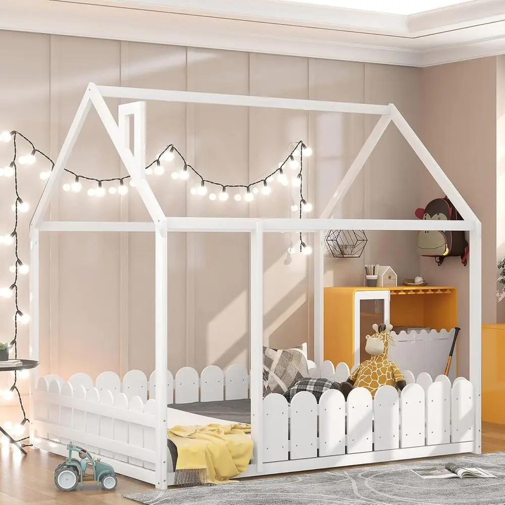 

Harper & Bright Designs House Bed or Kids, ull Size Bed with Roo and ence, Wood Bed e or Kids, Teens, Girls & Boys, Easy Assembl
