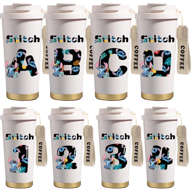 

500ML Stitch Anime Cartoon A-Z Letter Printed Straw Coffee Mug 0-9 Fashion Portable Car Leak-proof Thermos Cup Water Bottle