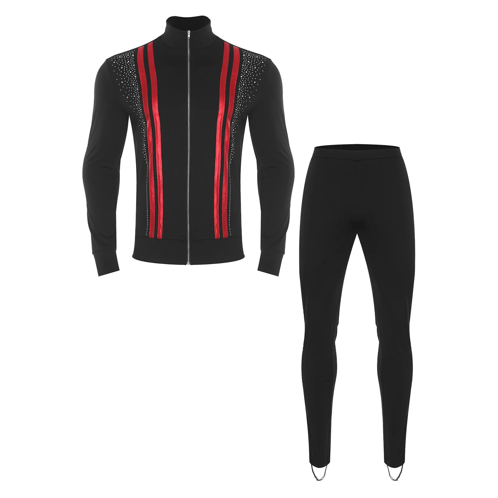 

Mens Figure Skating Outfit Metallic Rhinestones Long Sleeve Jacket Shirt and Stirrup Pants for Gymnastics Latin Tango Dance