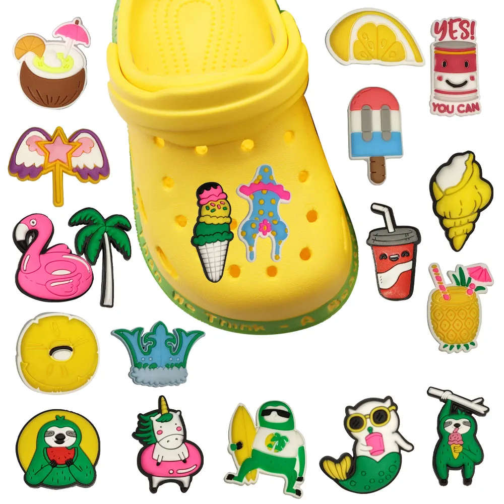 Abalorio de zapatos de 1 piezas para vacaciones de verano, helado de coco, PVC, decoraciones de hebilla para jardín, regalo para niños, gran oferta