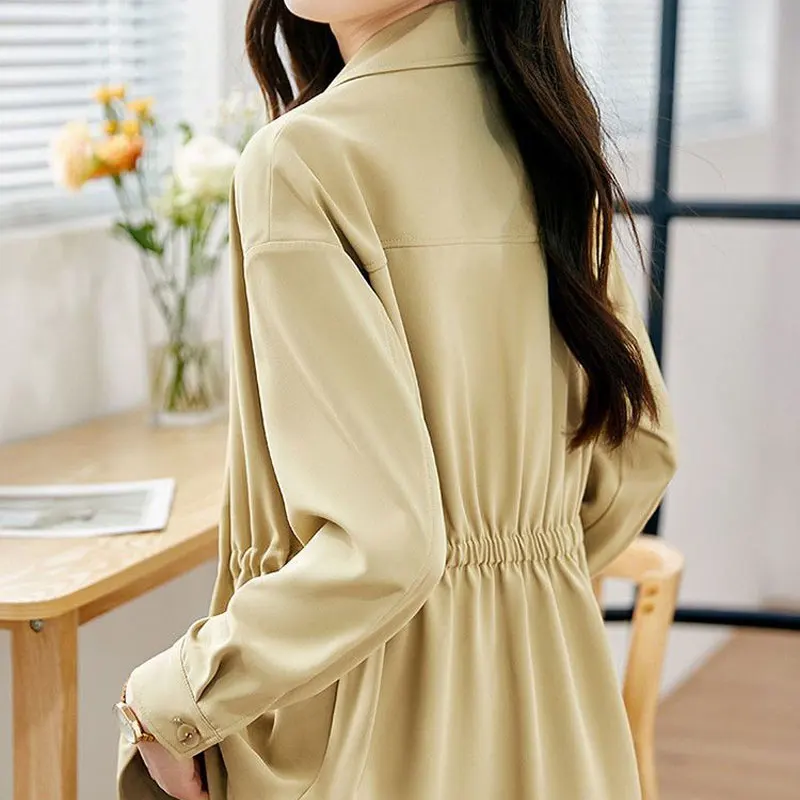 Female Clothing Solid Color Jackets Fashion Shirring Spring Autumn Long Sleeve Single Button Korean Loose Tailored Collar Coats