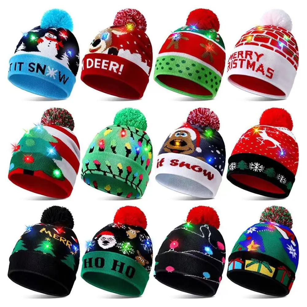 New Year LED Christmas Hat Sweater Knitted Beanie Christmas Light Up Knitted Hat Christmas Gift for Kids Xmas Decorations Hat