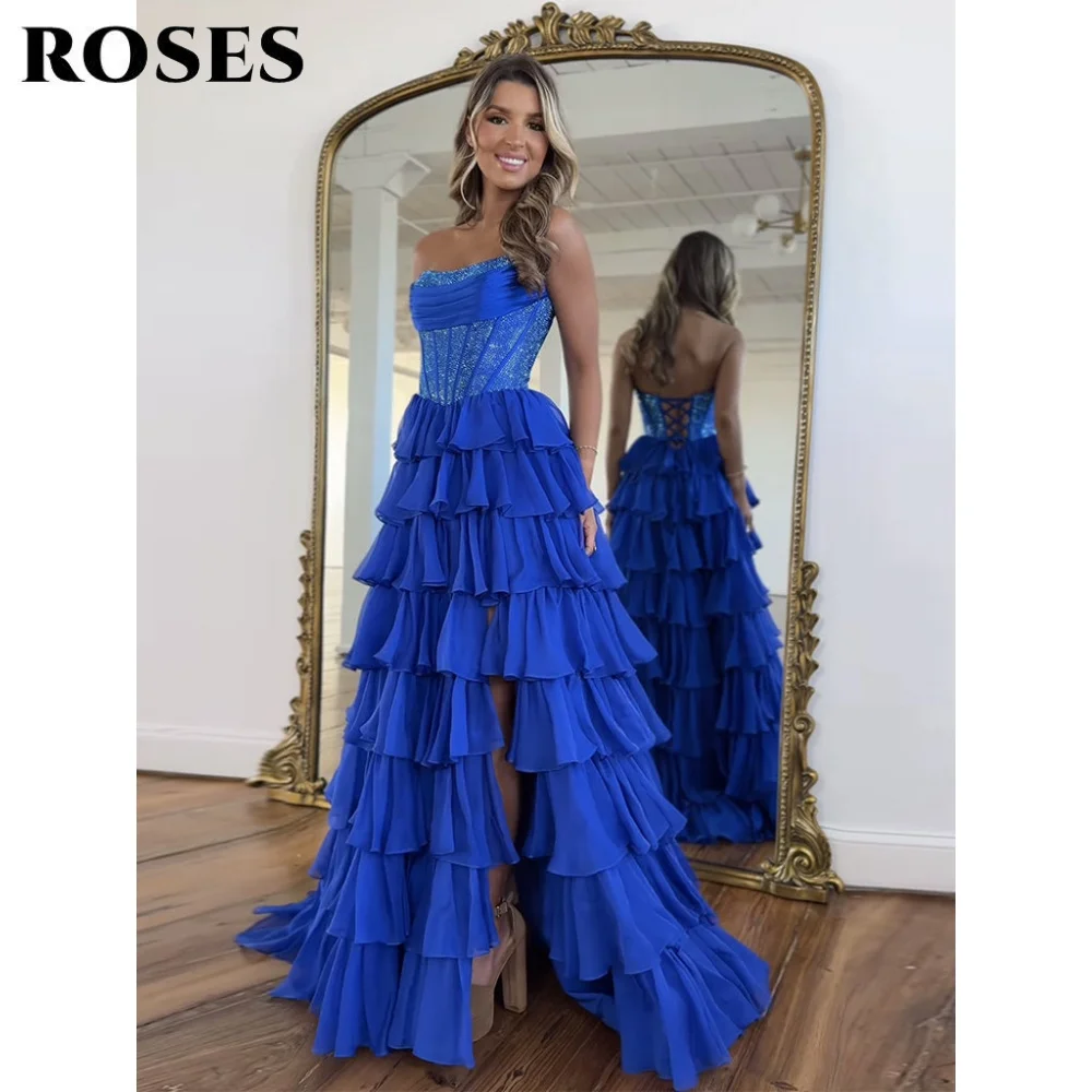 فساتين لحضور الحفلات الموسيقية بدون حمالات على شكل حرف a باللون الأزرق الملكي مع ترتر بدون أكمام فساتين سهرة بطيات متدرجة فستان حفلات مخصص #3