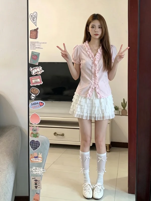 

Sweet Style Striped Shirt Women Summer Anti-Aging V-Neck Wooden Bubble Sleeve Waist-Cinching Slimming Trendy Blouse