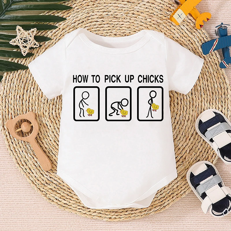 Adorable Unisex Summer Romper with Round Neck and Short Sleeves Featuring Playful Chick and Stickman Print - Stylish Infant