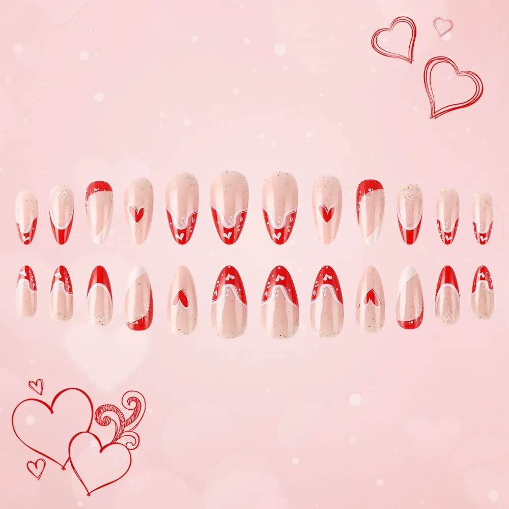 24pcs French Tip Press On Nails Nude Pink With White Heart & Glitter Long Almond Fake Nails Reusable False Nail Tips For Dating view 5