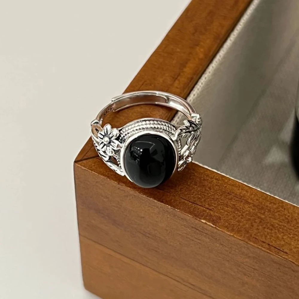 

S925 Silver Plated Jewelry Ring Stone Vintage Natural Black Women's Party Gifts Rings Woman Design Gift Fine Jewelry