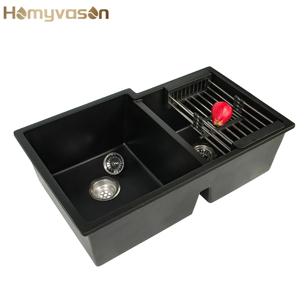 

Double Bowl Quartz Stone Granite Composite Kitchen Sink Countertop With Precut Sink Hole
