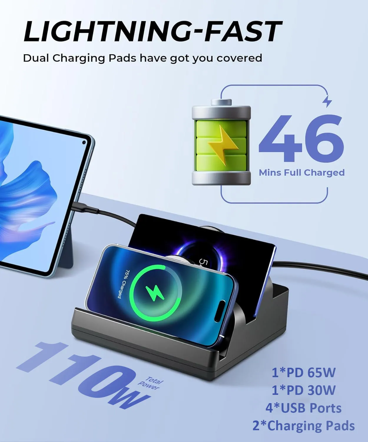 110w充電ステーション-ワイヤレス充電-usb-pd-65wポート-8in1急速充電パッド-airpods-samsung-xiaomi-iphone16～12-pro-max対応