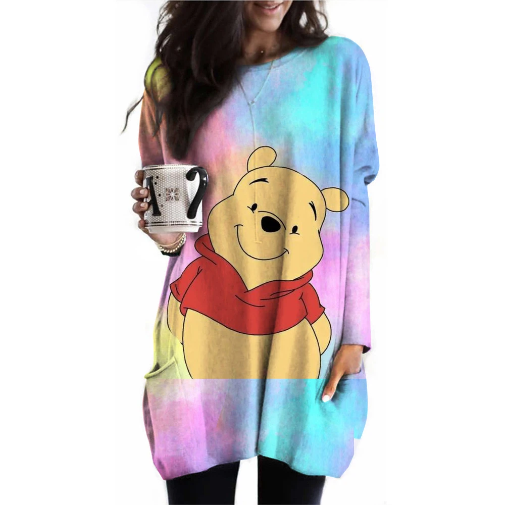 

Women's summer T-shirt fashionable casual long sleeved O-neck pocket T-shirt Snoopy print loose long sleeved long T-shirt women'