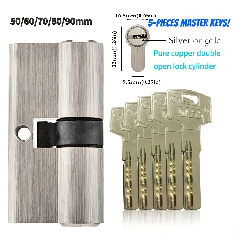 European Standard Door Full Copper Lock Cylinder - Heavy-Duty Metal Structure, Includes 5 Full Copper Master Keys, 60mm 70mm 80mm 90mm Sizes Suitable for Indoor and Outdoor Use, Anti-Theft Security Main Entrance Door Lock, Household Door Lock, Indoor Security, Durable Metal Surface