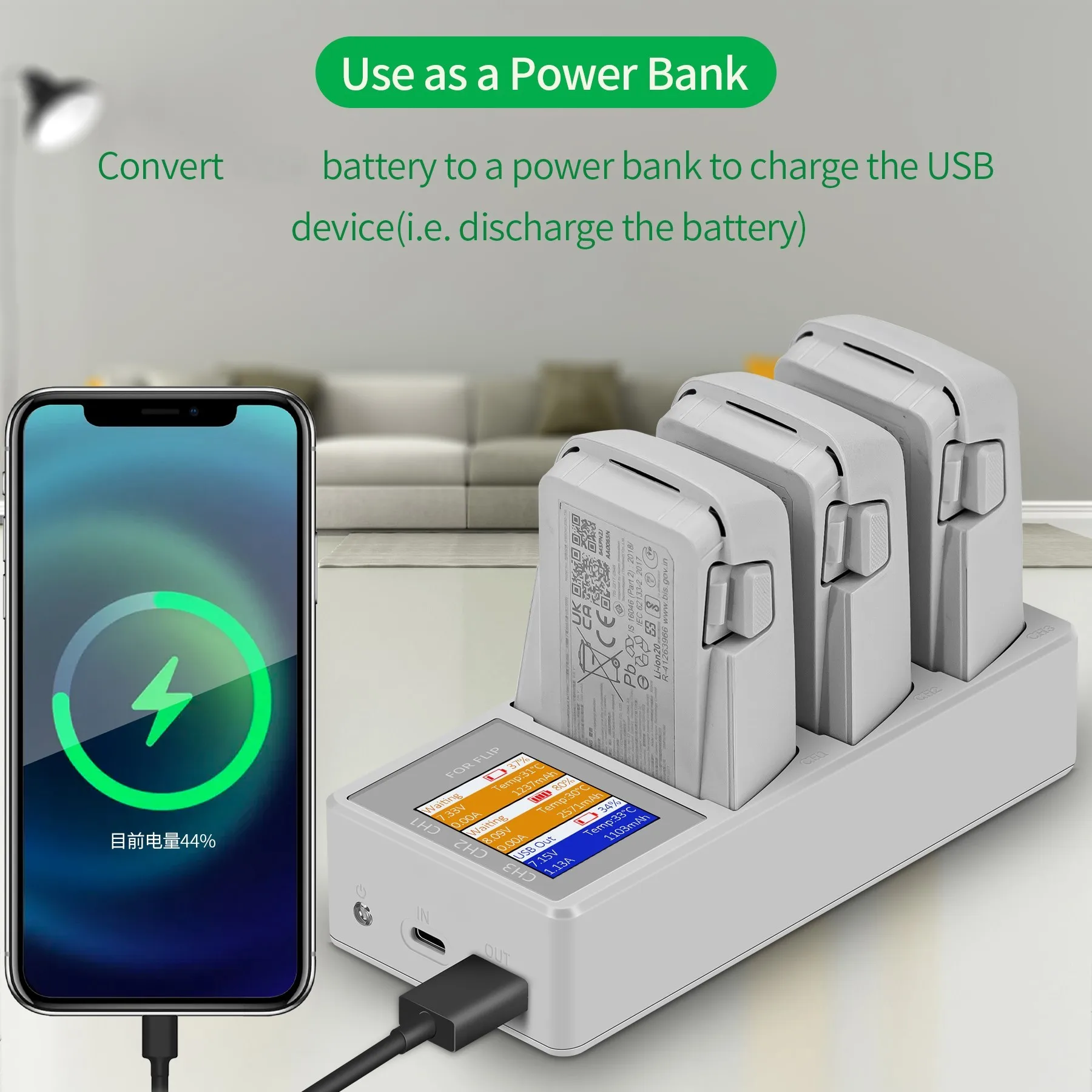 

For DJI FLIP Digital Display Battery Charging Hub With Color Screen Fast 3-Way Charging Manager Power Bank Camera Charger