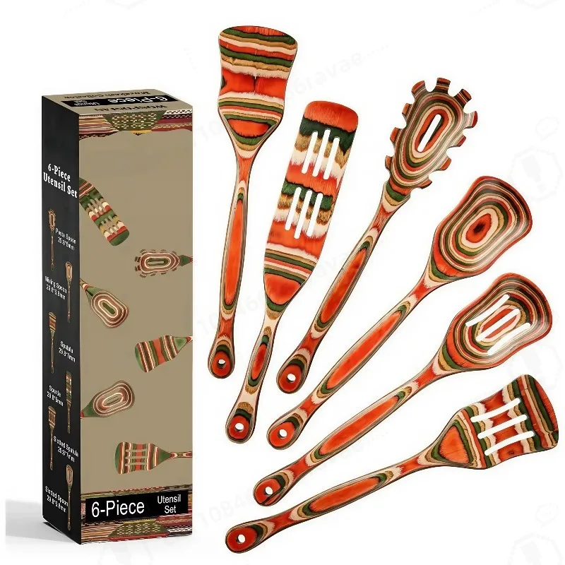 6Pcs Multicolor Wooden Kitchen Utensils Set Heat Resistant Cooking Spoon for Kitchen Cooking Non-stick Cookware Accessory