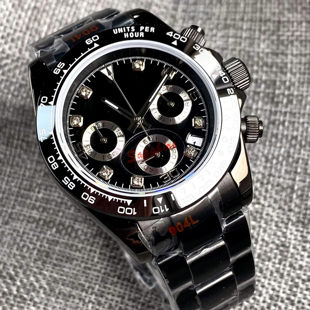 Black Quartz Watch Male Dayto-na VK63 Dimond Markers Speed Chronograph Three- Dial Steel Calendar Nologo Sport Clock 24 hour