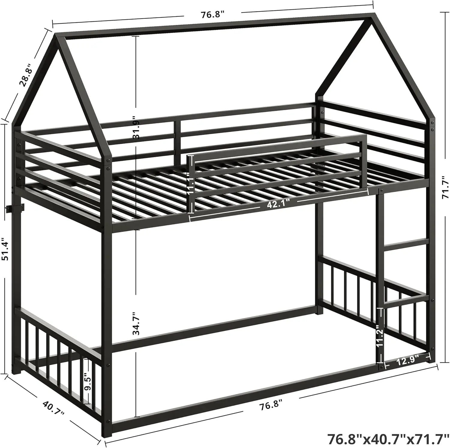 

Bunk Bed Twin Over Twin, House Bunk Bed Frame with Ladder and Guardrail, House Shaped with Metal Slats for Dormitory and Bedroom
