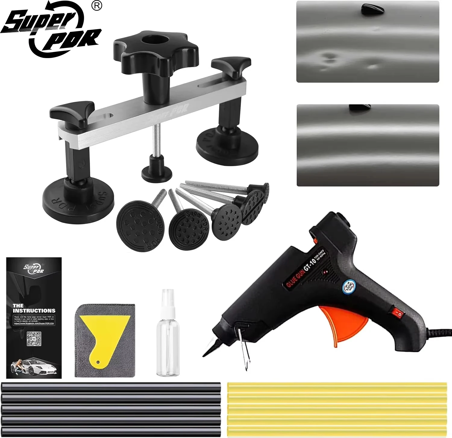 Набор Super PDR Вытягиватель Вмятин Инструмент Ремонт Вмятин С Мостовым Вытягивателем Для Вмятины Дверей и Ремонт Повреждений Градом Комплект С Термоклеевым Пистолетом