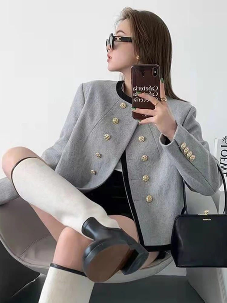 Zoki Fashion Grey Tweed Jacket Women Harajuku Irregular Elegant Coat Korean Long Sleeve Double Breasted Design Simple Casual Top