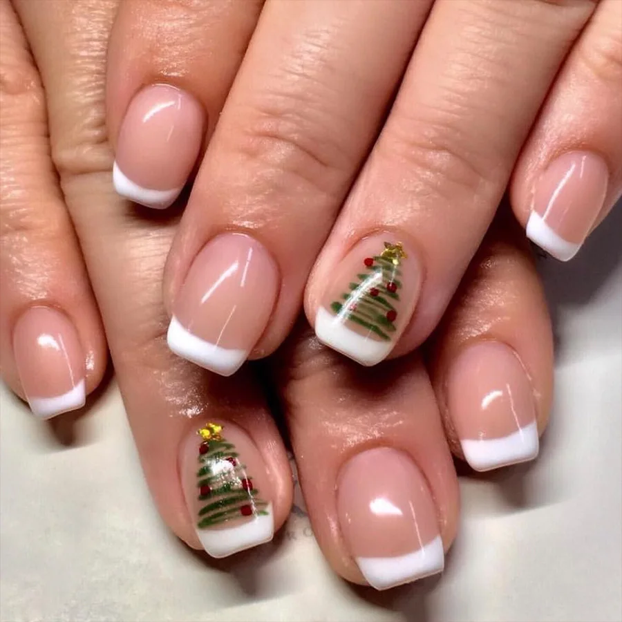 24pcs Christmas Green X-mas Tree Square Fake Nails White French Tip Press On Nails Full Cover False Nails For Women and Girls