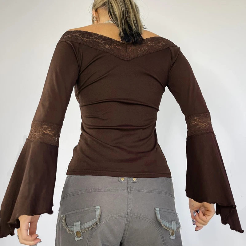 Top corto da donna a maniche lunghe in pizzo gotico vintage autunnale y2k estetica con spalle scoperte T-shirt casual slim fit per uscire sexy