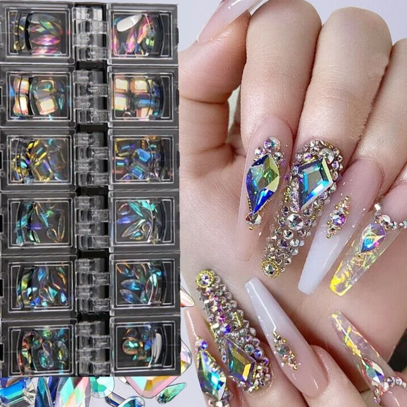 

12 Grids/Box AB Nail Art Diamond Gem 3D Nail Sequin Crystal Rhinestone Glass Nail Art Decoration