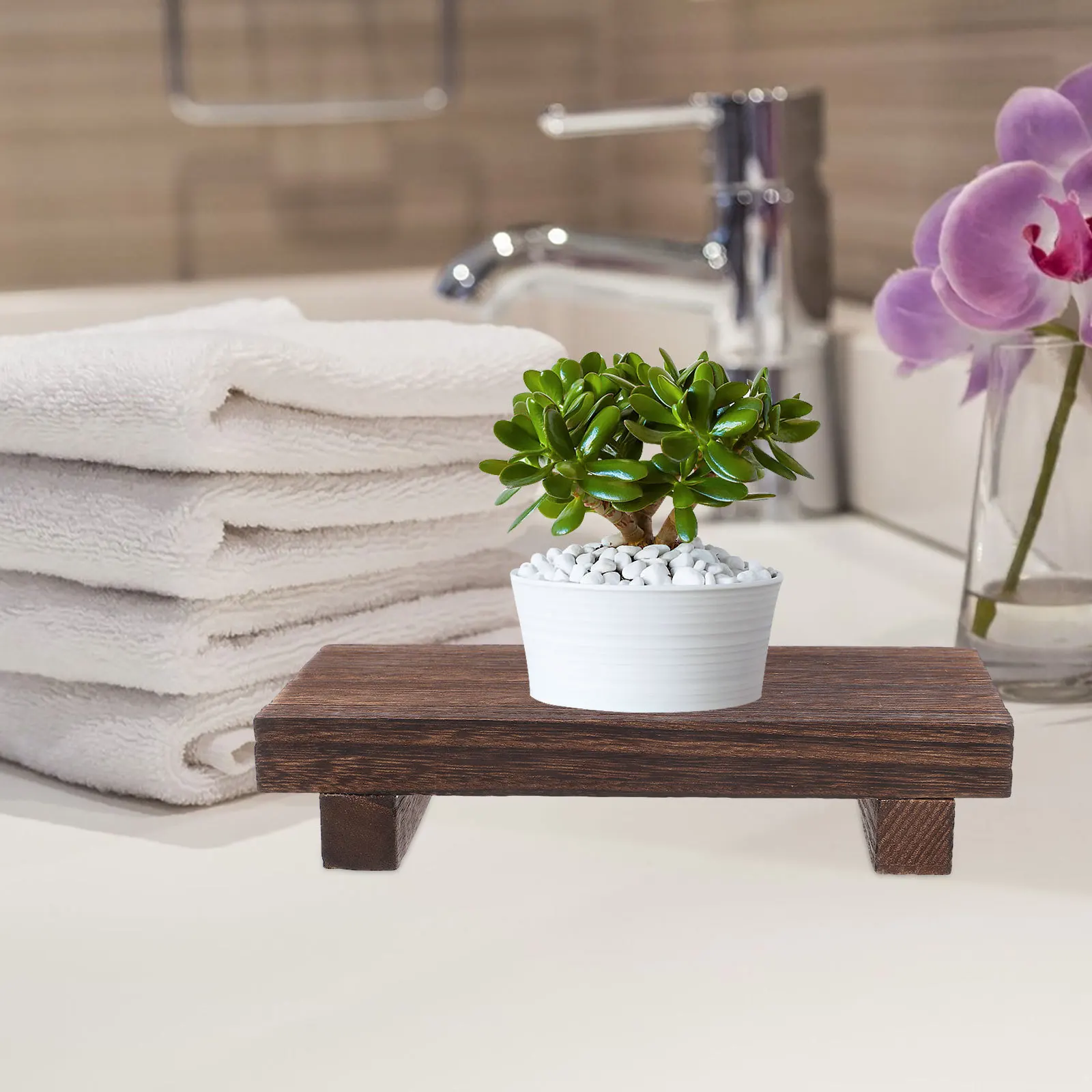 

Small Rustic Wooden Pedestal Stand Bathroom Counter Organizer Tray Farmhouse Soap Dish Dispenser Holder Kitchen Sink Decor