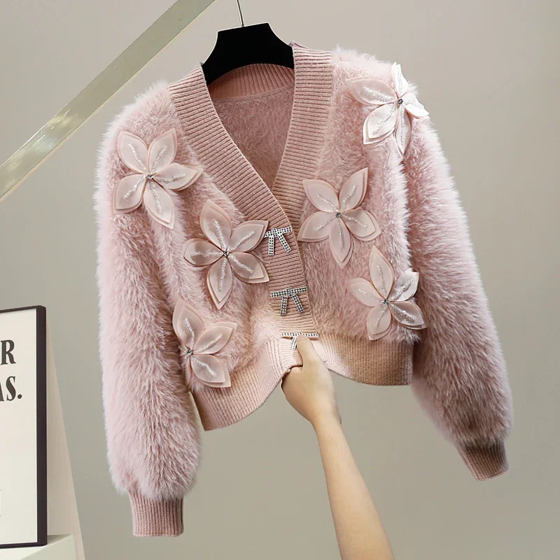 Luxury Women Diamonds Beads 3D Flowers Knitted Sweater Coat Mohair Crocheted Cardigan V-neck Mink Cashmere Kniwear OL Crop Tops