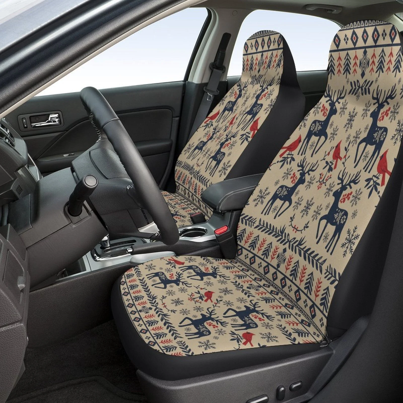 Set Of Car Seat Covers Featuring A Christmas Deer Design, Suitable For Various Vehicles. Stylish And Durable, This Complete Set