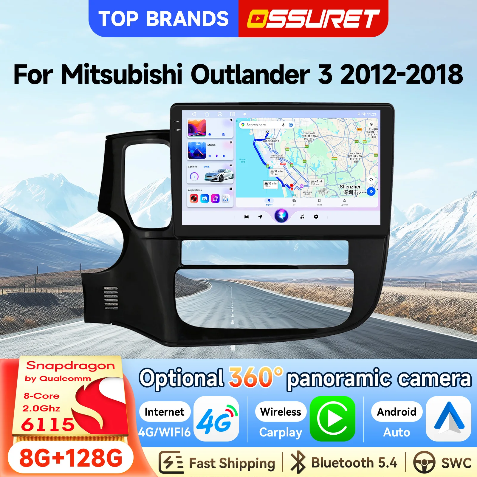 OSSURET Schnelle Lieferung 10,1 Zoll Carplay GPS Android 15 Autoradio für Mitsubishi Outlander 3 2012-2018 Linkslenker Autoradio DSP RDS Audio Smart AI Radio Optional 360 °   Kamera-Kopfeinheit