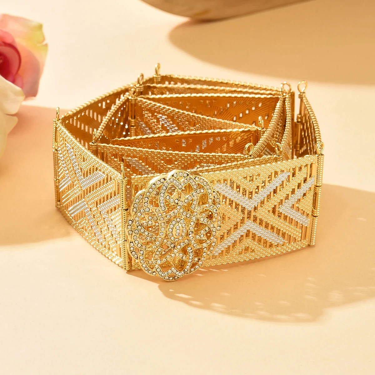 

Moroccan Gold Plated Belt Palace Noble Style Metal Inlaid Rhinestone Body Jewelry Wedding Bridal Waist Chain Bijou