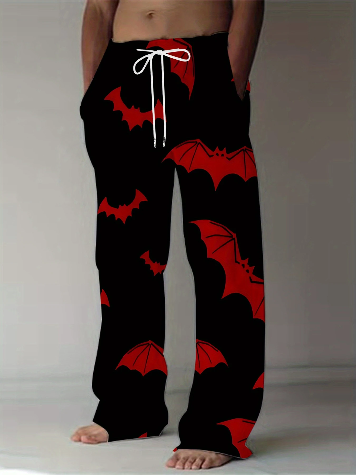 2026 Red Bat Printed Wide Leg Pants for Men and Women in Large Size Loose Drawstring Pants Halloween Party Trend