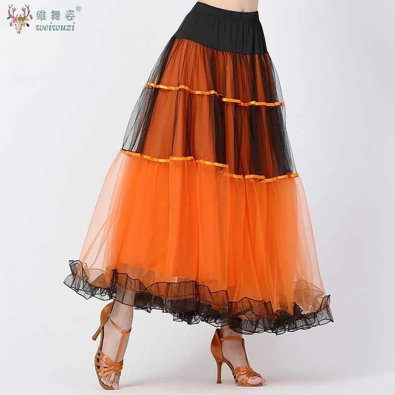 ผู้หญิง Flamenco โมเดิร์นห้องบอลรูมเต้นรํา Big Swing กระโปรงสังคมเต้นรําครึ่งกระโปรงประสิทธิภาพสแควร์ตาข่ายครึ่งฝึกชุดยาว