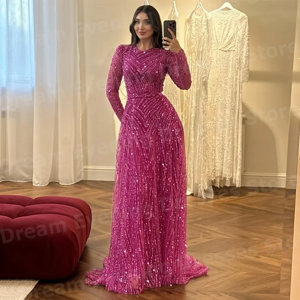 Sequined A-Line Evening Dress O-Neck Floor-Length