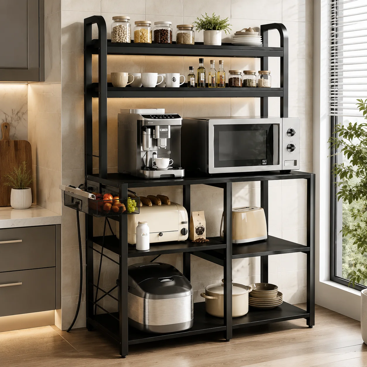 6 Tier Black Baker Rack with Power Outlet, Kitchen Microwave Stand Coffee Bar Station with Wire Drawer & Storage Basket, Large Freestanding Kitchen Organizer Shelf with MDF Board and Steel Frame for Cookware Spices Dining Room Office