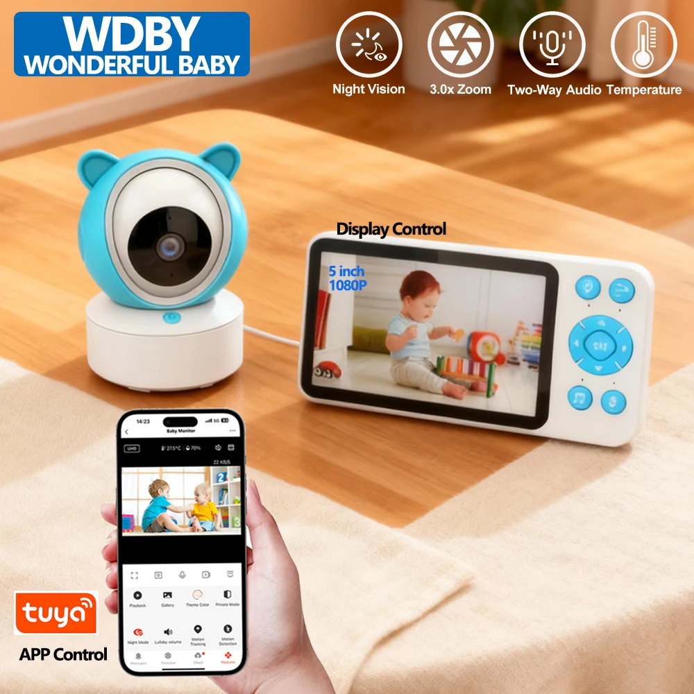 Smart 5 Inch Baby Monitor TUYA APP 1080P PTZ 3X Zoom Camera Temperature Sensor Lullaby IR Night Vision Baby Nanny Babyphone